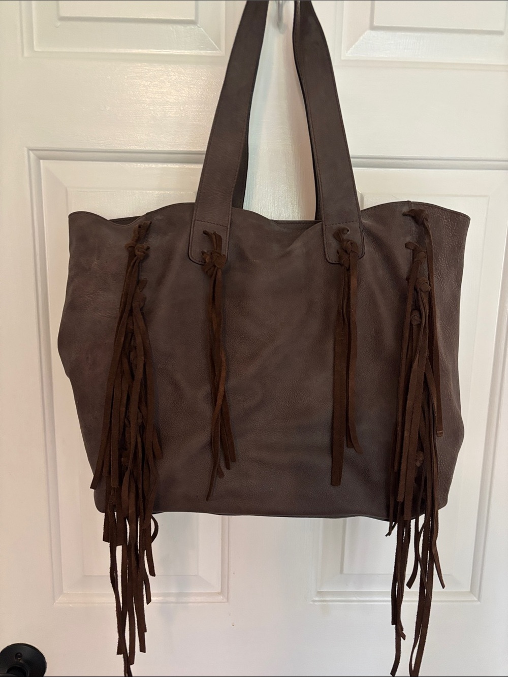 Claudia Firenze Fringed Shoulder Tote Bag in Dark Brown. Genuine leather.